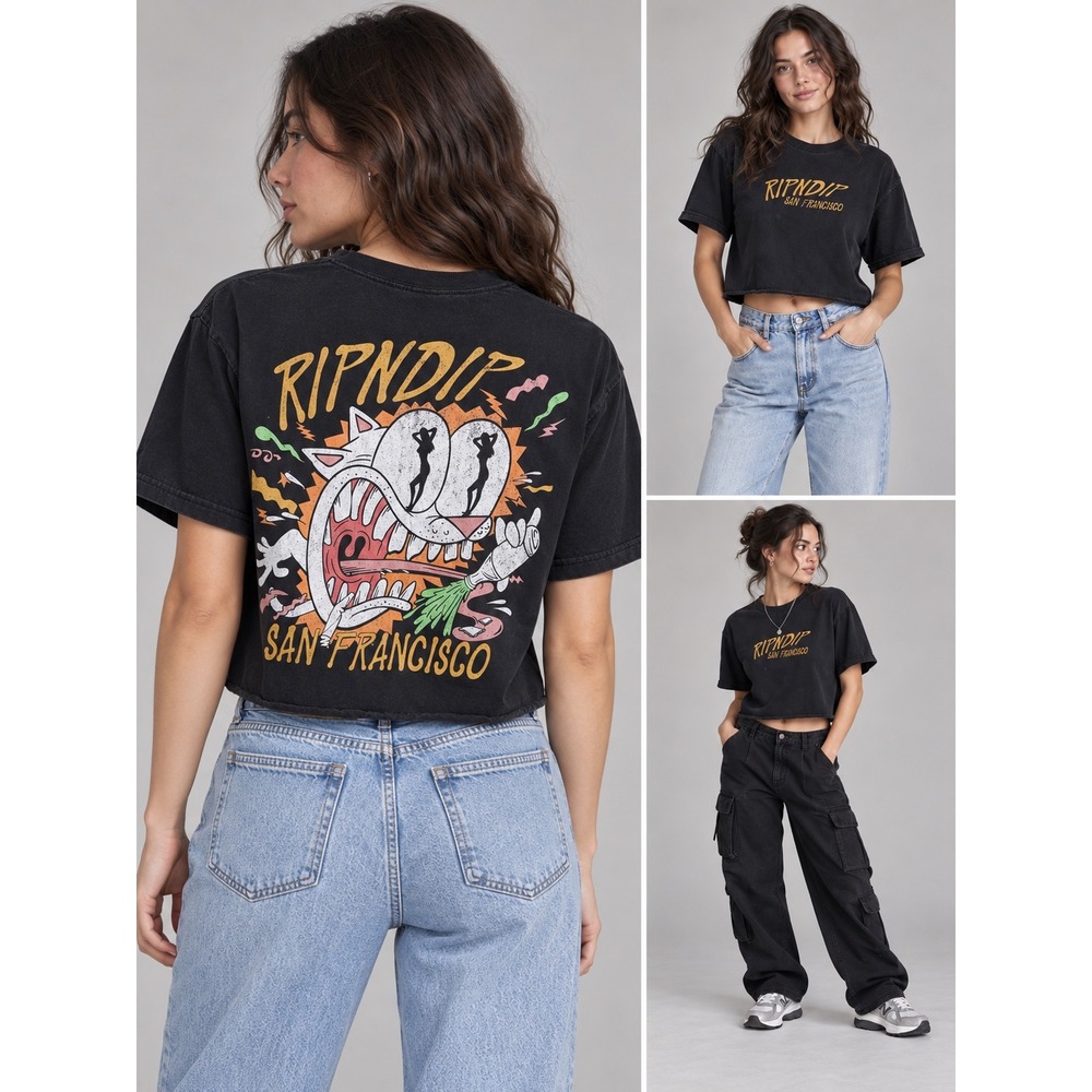 RIPNDIP T Shirt Womens M Black San Francisco Cat Graphic Crop Skate Streetwear